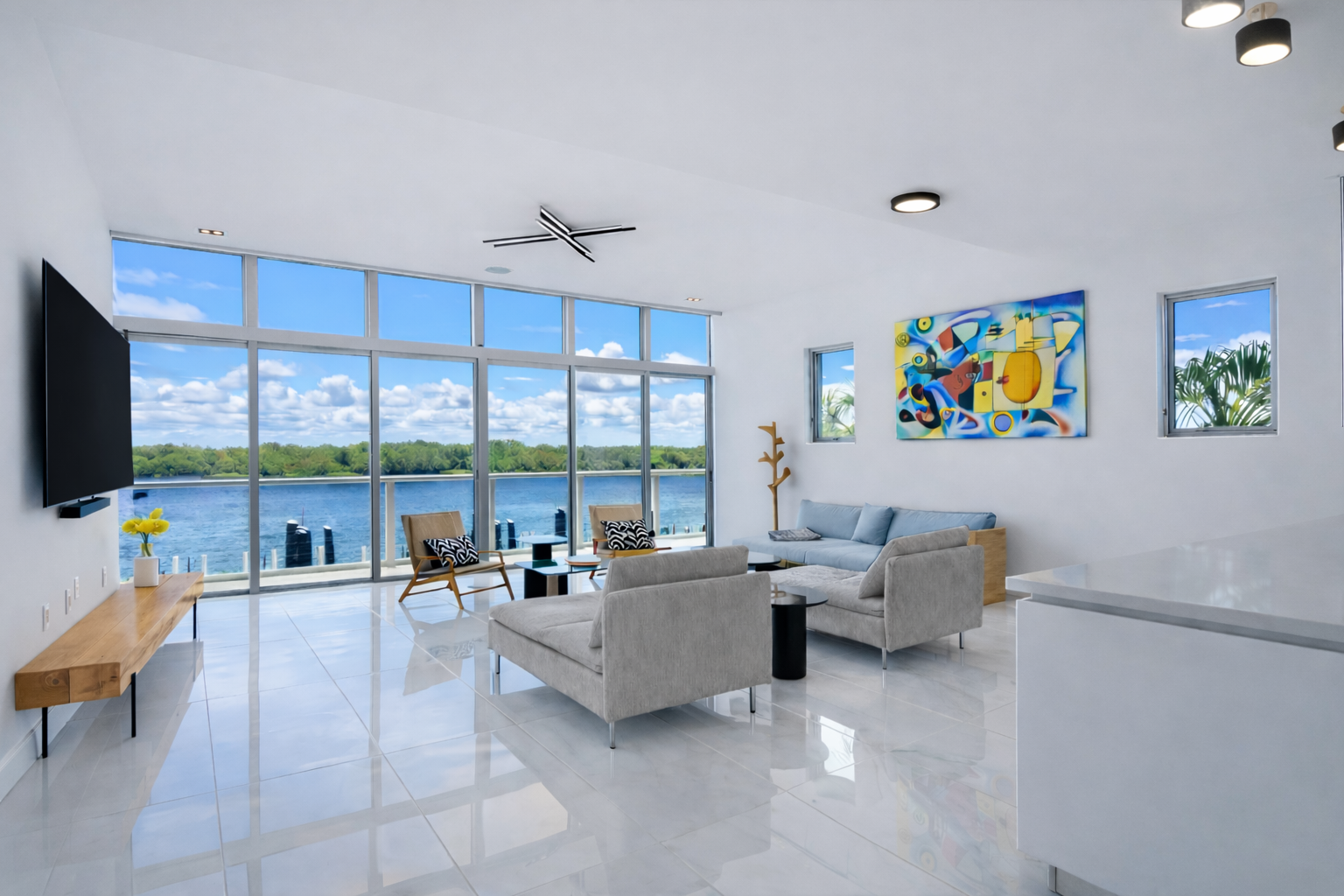 Living room with water views